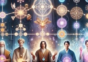 A 300x300 pixel graphic illustrating the history of energy healing from Paracelsus to Barbara Brenna