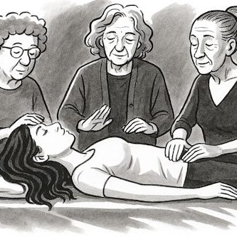 3 women performing Reiki on a fourth on massage table